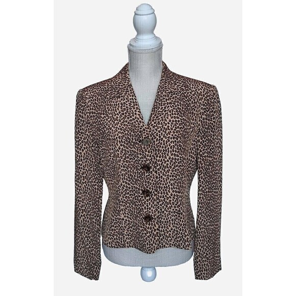 Vintage Allison Taylor Size M 100% Silk Brown/Beige Animal Print Lined Blazer - Picture 2 of 9